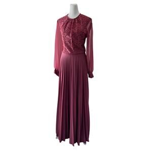 Vintage ‘70s Handmade Dark Mauve Lace Bodice Sheer Sleeve Pleated Maxi Dress